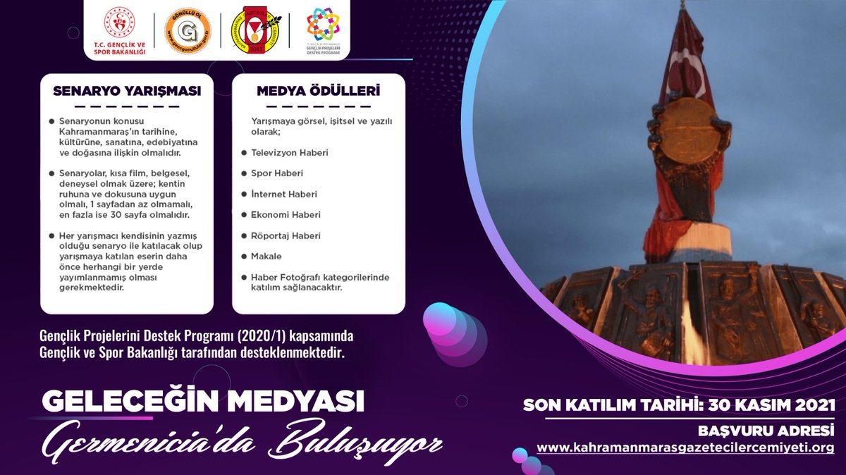 Gençlik ve Spor Bakanlığı Gençlik Projelerini Destekleme Projesi kapsamında KGC olarak "Geleceğin Medyası Germenicia'da Buluşuyor" projesinin yarışmaları başladı. 
#gençlikvesporbakanlığı #gönüllüol #GPDP #gençlikprojeleri #gençlikmerkezi 
Başvurular için;
kahramanmarasgazetecilercemiyeti.org