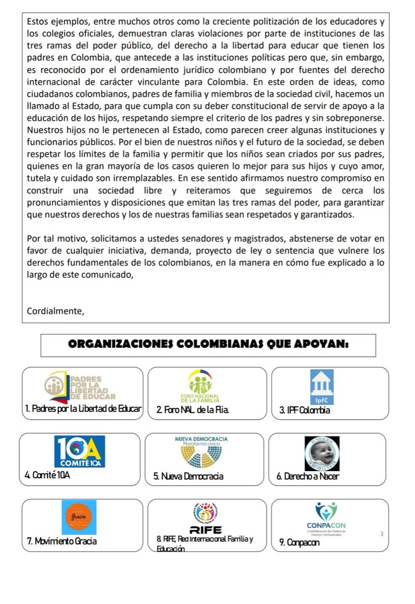 MNFamilia's tweet photo. Defendemos la familia y eso incluye la LIBERTAD DE LOS PADRES PARA EDUCAR.
Una vez más, en compañía de muchas organizaciones Colombianas e internacionales, decimos NO A LA INTROMISIÓN DEL ESTADO EN LOS ASUNTOS QUE LE COMPETEN ÚNICAMENTE A LA FAMILIA.
#MiHijoMiEducación https://t.co/21qBBhElkB