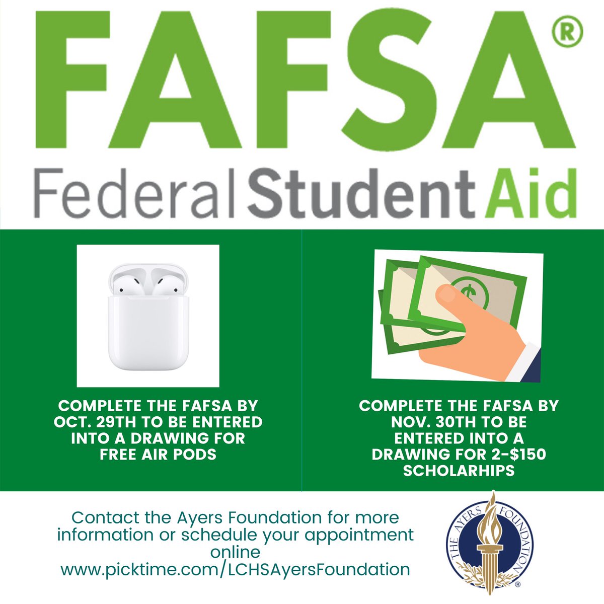 FAFSA opens Oct. 1!! Contact the Ayers Foundation to schedule your appointment <a href="/LCHSone/">We Are Family!</a> <a href="/LCHS2022/">LCHS Class 2022</a>
