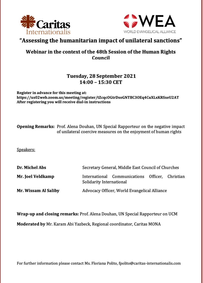 “Assessing the humanitarian impact of unilateral sanctions”
Webinar in the context of the 48th Session of the #HumanRights Council

Tuesday, 28 September 2021 
14:00 – 15:30 CET

Register in advance for this meeting at:
us02web.zoom.us/meeting/regist…