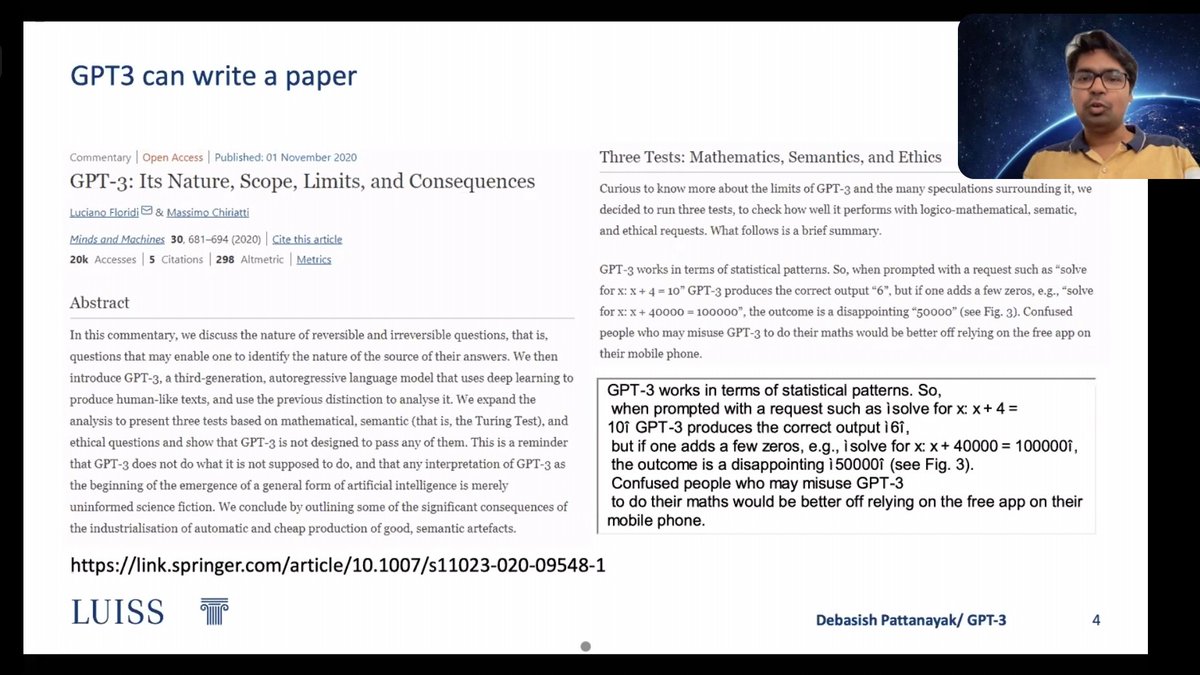 LuissDataLab's tweet photo. Thanks to @drdebmath, Research Doctor Dipartimento Matematica @UniLUISS, for demonstrating the features and capabilities of GPT-3.  

#AI #MachineLearning #MediaLiteracy #Eliteracy #workshop https://t.co/534mFcMCtN