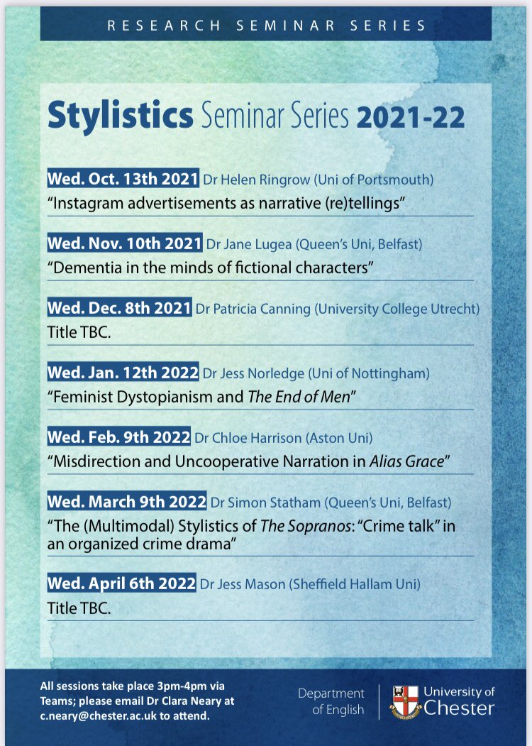 Here’s the schedule for our inaugural Chester Stylistics Seminar Series 2021-22 🥳. (And there’s no time clash with <a href="/EnglishAston/">English at Aston University</a>’s excellent Literary Linguistics series!) Thanks again to all involved. First up, <a href="/HelenRingrow/">Dr Helen Ringrow</a> on 13th Oct. Details of how to attend are 👇🏻