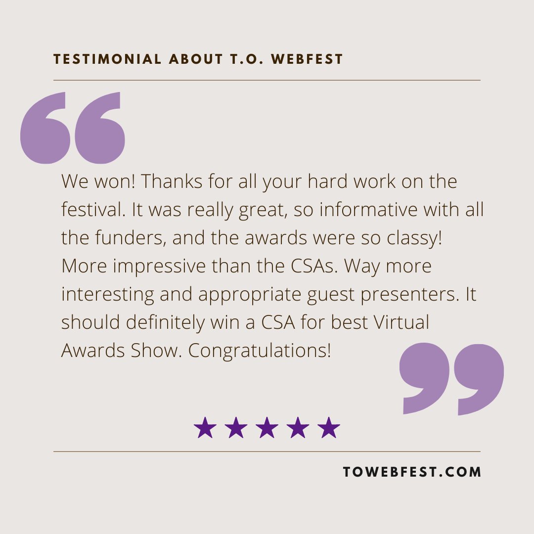 webseriescanada's tweet photo. REMINDER: We're starting to accept T.O. Webfest submissions starting October 1st!
For more info visit: https://t.co/cbpxGKWWVM
#testimonial #towebfest #submission #webseries #contentcreator #producer #filmmaker #torontowebfest #festival #awards #awardsshow https://t.co/Ok1IME9GVV