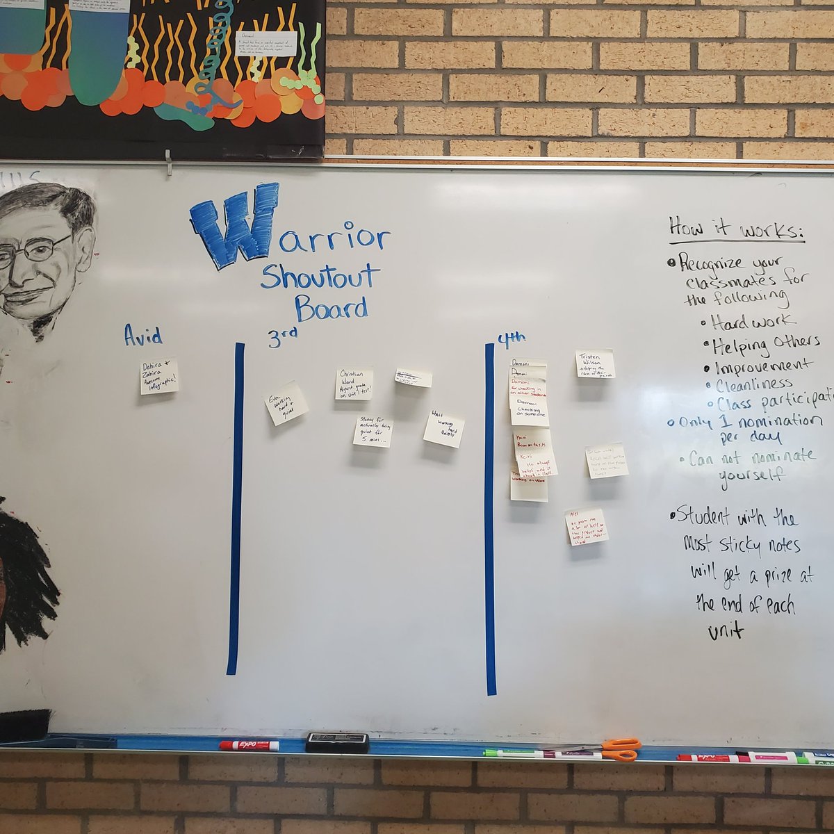 WillEteachsci's tweet photo. 1st day of the Warrior Shoutout Board was a success. Students nominate other class members for being awesome.  The student with the most sticky notes at the end of a unit gets a reward.  Amazing how the small things can have a huge impact.  #itsthelittlethings #buildingacommunity https://t.co/rHbmv4EW7G