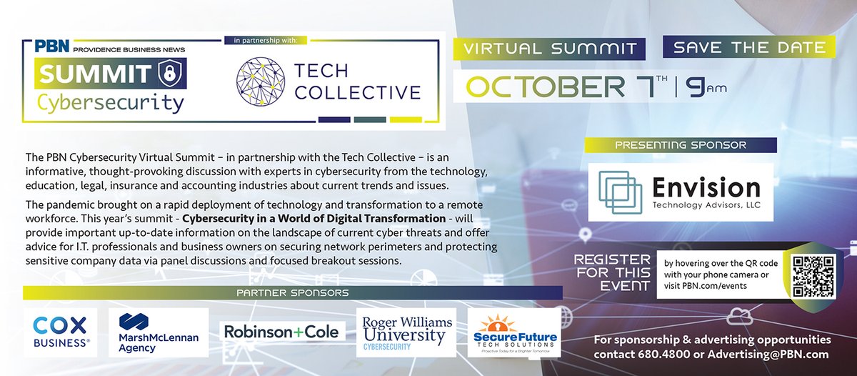 ProvBusNews's tweet image. Find out how to build a culture of shared responsibilities in your organization and how to mitigate risk in a remote workforce. #PBNCYBER Go to -pbn.com/events/cyberse… @Tech_Collective @envisiontech @CoxBusinessRI  @MarshMcLennan @RobinsonCole @myrwu, @SecureFutureTech