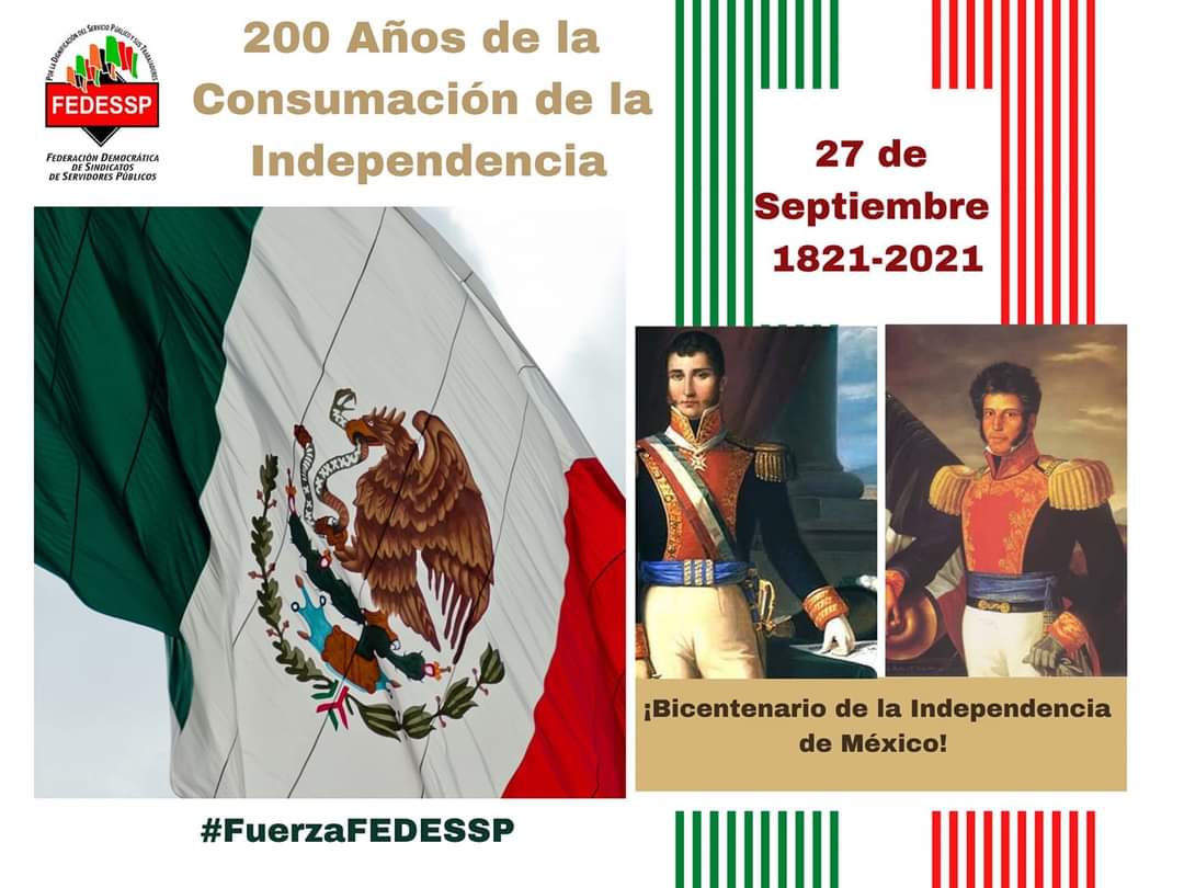 FEDESSP_Mich's tweet photo. Hoy #27DeSeptiembre celebramos el #Bicentenario de la #Consumación #DeLaIndependencia de México hecho trascendental que nos dió patria y libertad. #200Años ¡Viva México 🇲🇽!
@agusaviles1 @palomitarelowde @marudavalos29 @valenzo14 @CarlosCruzCas11 #FuerzaFEDESSP🟩⬜️🟥 https://t.co/dm9EcRGNd2