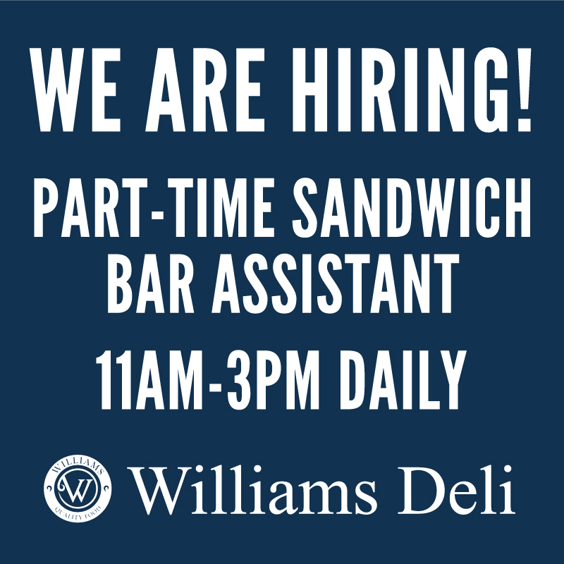 Are you looking for a Part-Time Job?

We currently have a vacancy for a Part-Time SANDWICH BAR ASSISTANT at our amazing Ashton based Deli.
To apply simply pop and see us at our market stall and drop off your details or CV and your contact info.
Email on info@williamsdeli.co.uk