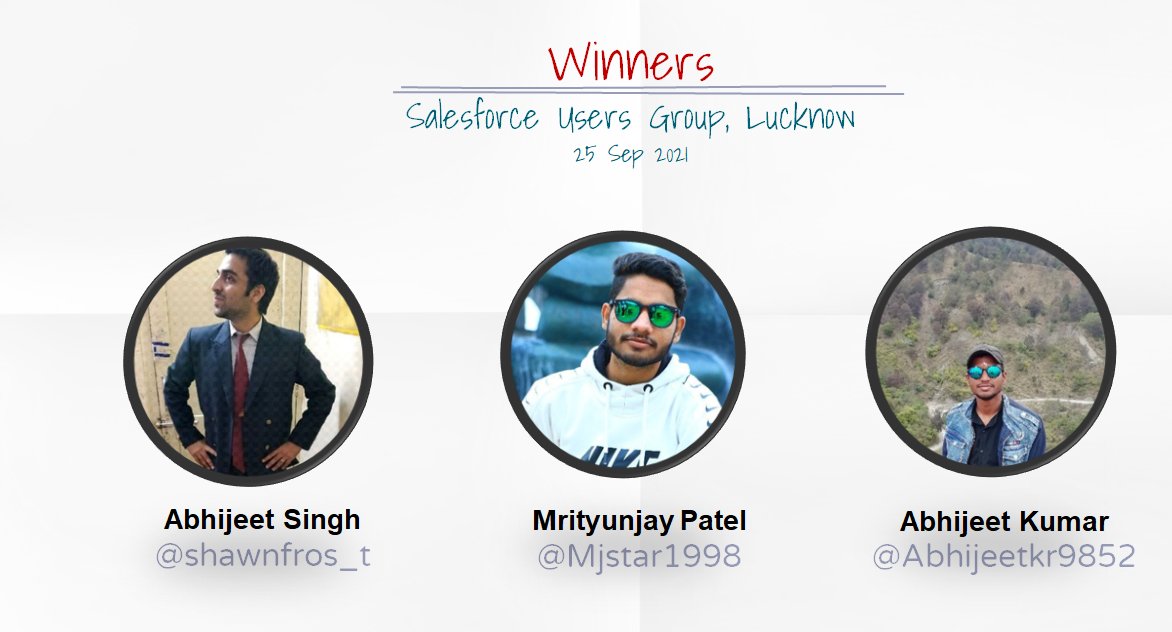 Lucknow Trailblazer Community (@lucknowsfgroup) on Twitter photo Congratulations!!!!!🎆🎆🎇🎆 Winner for 25 Sep Salesforce User group,Lucknow are👇
<a href="/shawnfros_t/">abhijeet singh</a>
<a href="/Mjstar1998/">Mrityunjay Patel</a>
<a href="/Abhijeetkr9852/">Abhijeet Kumar</a>
Thank you to everyone who took part in the Event <a href="/salesforce/">Salesforce</a> <a href="/trailhead/">Trailhead</a> #Trailblazer #Trailblazercommunity <a href="/faisalsiddiki21/">Faisal</a> <a href="/vivekgupta_/">Vivek Gupta</a> Congratulations!!!!!🎆🎆🎇🎆 Winner for 25 Sep Salesforce User group,Lucknow are👇
<a href="/shawnfros_t/">abhijeet singh</a>
<a href="/Mjstar1998/">Mrityunjay Patel</a>
<a href="/Abhijeetkr9852/">Abhijeet Kumar</a>
Thank you to everyone who took part in the Event <a href="/salesforce/">Salesforce</a> <a href="/trailhead/">Trailhead</a> #Trailblazer #Trailblazercommunity <a href="/faisalsiddiki21/">Faisal</a> <a href="/vivekgupta_/">Vivek Gupta</a>