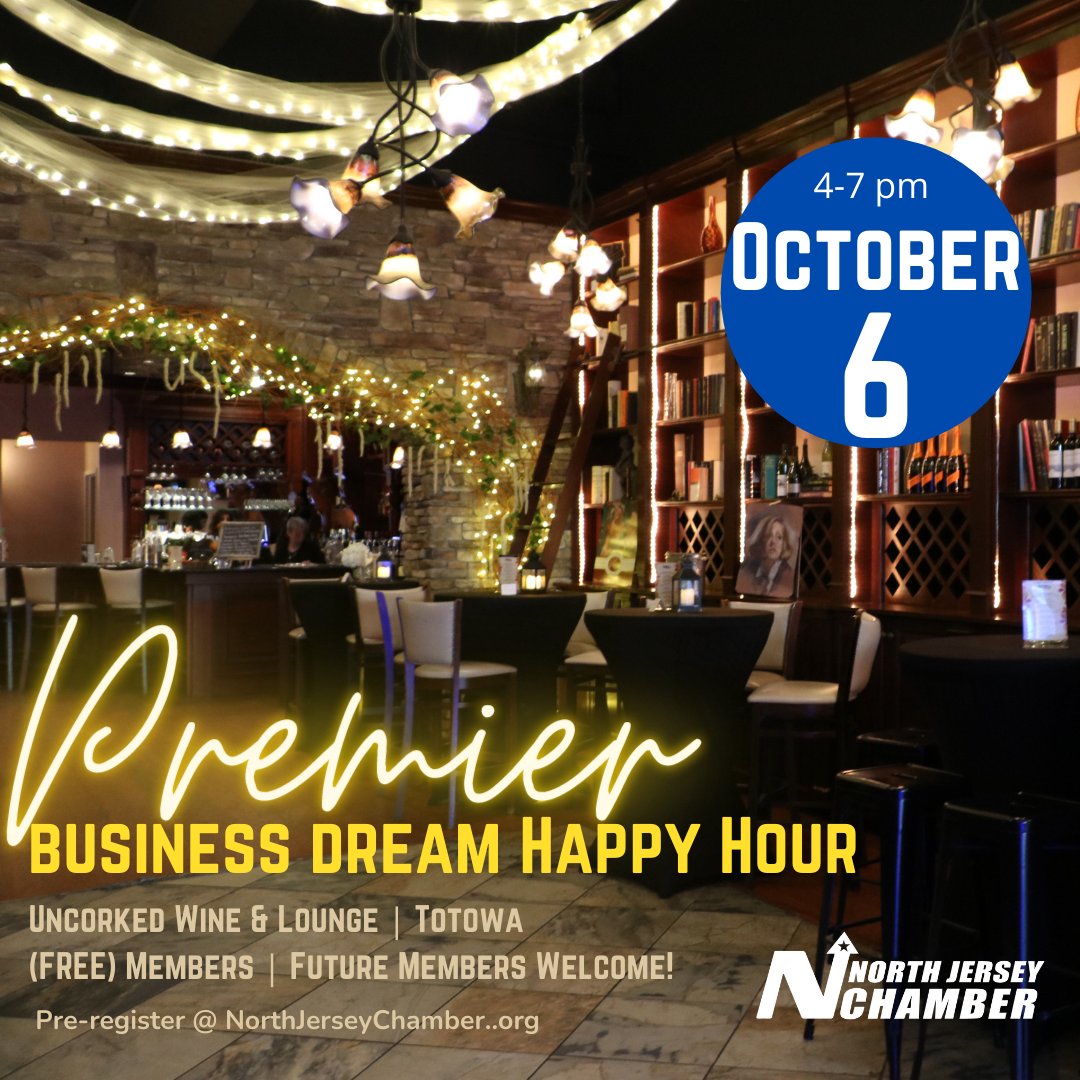 NorthNJChamber's tweet photo. North Jersey Chamber of Commerce is hosting the Premier Business Dream Happy Hour where you can:

- celebrate your mid-week wins!

- mingle with North Jersey's finest business leaders

- learn more about the hype of American Dream Business Summit on November 5 and sponsorships https://t.co/bhwE62w1lQ
