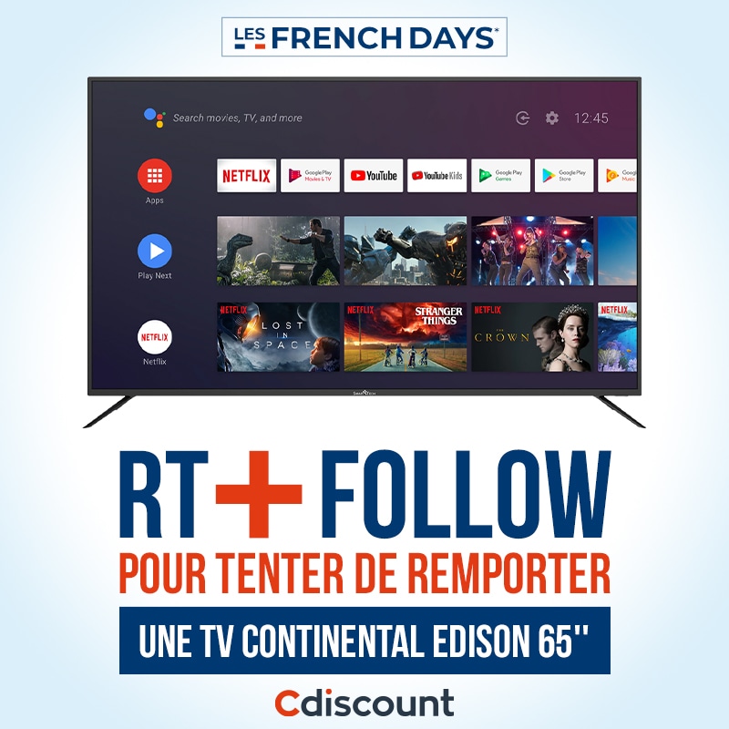 🎁 #Concours

🇫🇷 Les #CdiscountFrenchDays se terminent demain ! Pour finir en beauté on vous offre une TV Continental Edison 65'' ➡ bit.ly/39KLtlW

Pour tenter ta chance : 
🔸 RT ce tweet
🔹 Follow <a href="/Cdiscount/">Cdiscount</a>

⏰ TAS 30/09