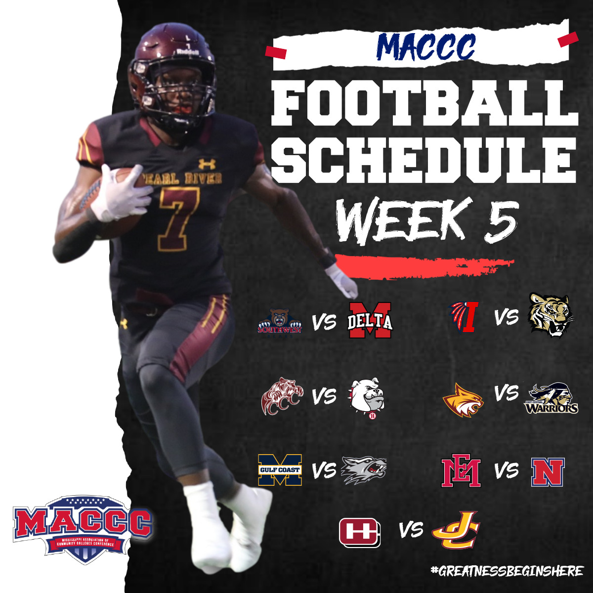 MACCCAthletics's tweet photo. Week 🖐 is LIVE! #GreatnessBeginsHere #MACCCMade #jucoproduct #jucofootball #MACCC #macccfootball https://t.co/F1Se2b5HWK