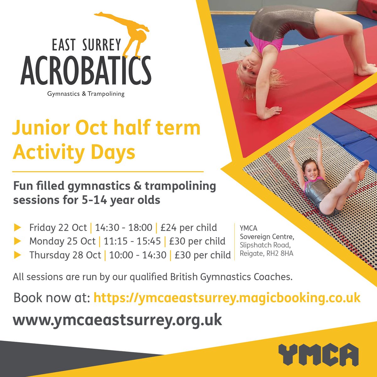 Fun-filled gymnastics and trampolining sessions for 5-14 year olds.
East Surrey Acrobatics are holding three activity days over October half term and places can be booked at ymcaeastsurrey.org.uk/children/child…
<a href="/ESAcrobatics/">EastSurreyAcrobatics</a> #halfterm