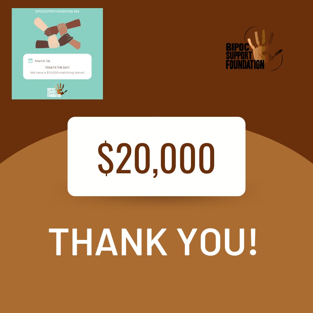 BIPOCSF's tweet photo. How it started vs how it's going:
In March we audaciously launched our matching $10,000 donor campaign, successfully raising $20,000! We cannot thank our donor Dylan Jacobs enough for his continued support!
#BSFmissionmoments ##BSF10for20Match #nonprofit #bipocsf https://t.co/NSpu46t28F