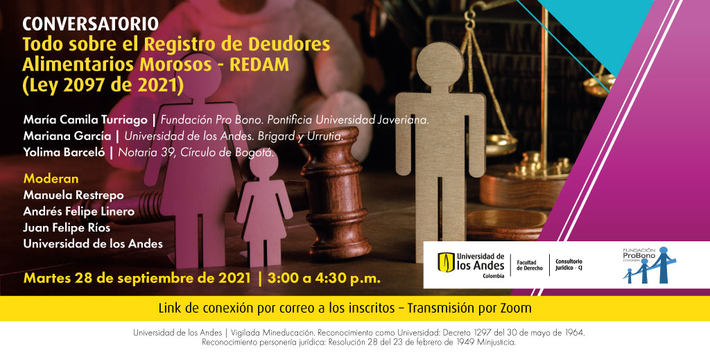 ¿Cuáles son las implicaciones prácticas y/o consecuencias jurídicas del Registro de Deudores Alimentarios Morosos (REDAM)? #Mañana, 3:00 p.m., conéctate a nuestro conversatorio y conócelas.
📣Inscríbete: bit.ly/39dFvKl
<a href="/ProBonoColombia/">Fundación ProBono</a> #DeudoresAlimentarios <a href="/UniJaveriana/">Pontificia Universidad Javeriana</a>