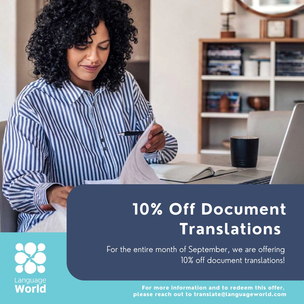 language_world's tweet image. Just a few more days left to claim our Back to School promotion • 10% discount on translation services for the month of September!

For more information and to redeem this offer, please reach out to translate@languageworld.com

#LanguageWorld #translations #langaugesolutions