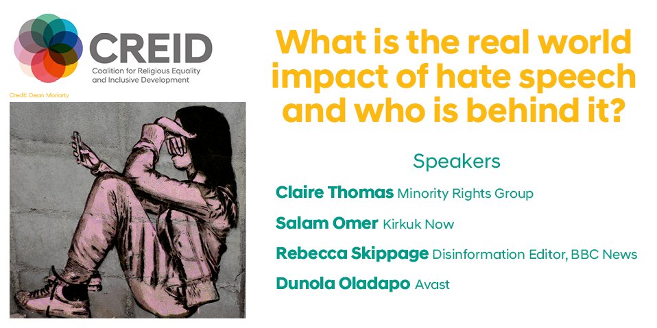 CREID_Dev's tweet photo. Panel three speakers in our #hatespeech webinar: What is the real world impact of #hatespeech and who is behind it
@MinorityRights @salamomert @rebeccaskippage @Dunola_ @AvastFoundation
✍️ Register https://t.co/XsblTMmGPD
#CREID #minoritygroups #onlinehate #religiousminorites https://t.co/5w2T6c1BtP