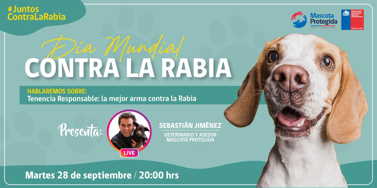 MascotaGob's tweet photo. En el Día Mundial Contra la Rabia💉 te invitamos a conocer junto a @lindorfovet todos los cuidados que debes tener para prevenir esta enfermedad🐶😺. Sigue la transmisión por nuestro Instagram📱 mañana martes desde las ⌚️20:00 horas ¡Te esperamos! #JuntosContraLaRabia https://t.co/X87vMABaZO