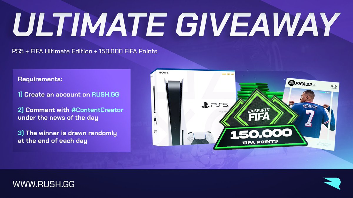 Wanna surprise your FIFA friend with an ULTIMATE FIFA BUNDLE?👀Or would you rather keep the PS5 to yourself?😜

Now is you time to shine guys😎

Support your Creator and win a Playstation 5 Bundle on RUSH.GG !

ℹ️ Information here: bit.ly/3EZ7pYW