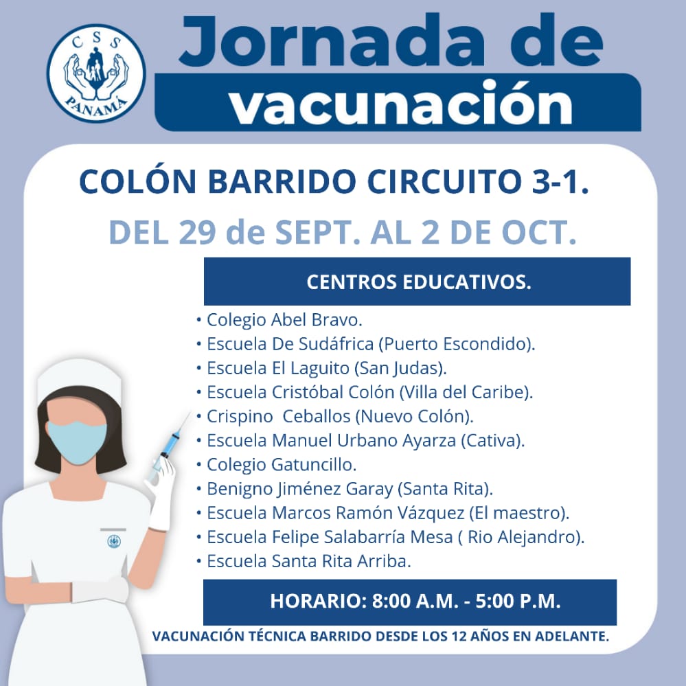CSSPanama's tweet photo. #Colón
Del 29 de septiembre al 2 de octubre, se iniciará la aplicación de la segunda dosis de la vacunación contra la #COVID19 (por barrido / Pfizer) en el circuito 3-1 para público de 12 años en adelante. https://t.co/Vc0GOF3tU1