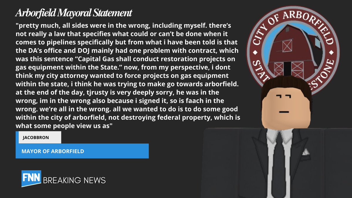 GOV: We've received a statement about the Contract Termination between <a href="/CityOfArbor/">City of Arborfield</a> &amp; @CapitalGasFS due to a Cease &amp; Desist Notice from the <a href="/fs_doj/">Firestone Department of Justice</a> from Mayor <a href="/Jacobbronyz/">Jacobbron</a> 

<a href="/FedoraMasterB98/">FedoraMasterB98</a> <a href="/DOCMFirestone/">Firestone Department of Commerce</a>