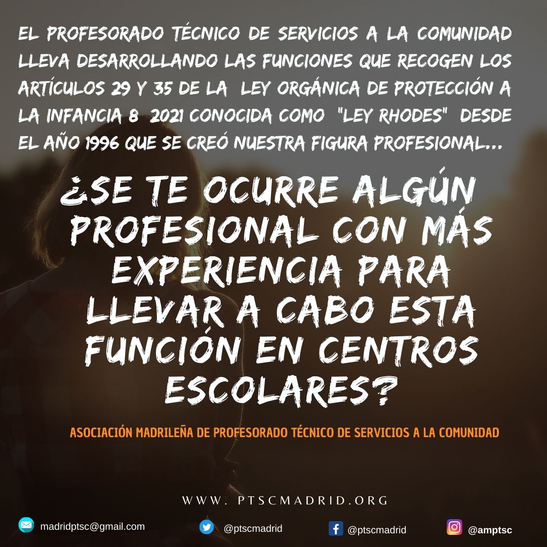 Hoy iniciamos la campaña "Llámalo como quieras", en ella queremos poner de manifiesto que los/as PTSC llevamos desarrollando las funciones que recoge el articulo 29 y 35 de la conocida "Ley Rhodes" desde el año 1996 que se creo nuestra figura profesional.