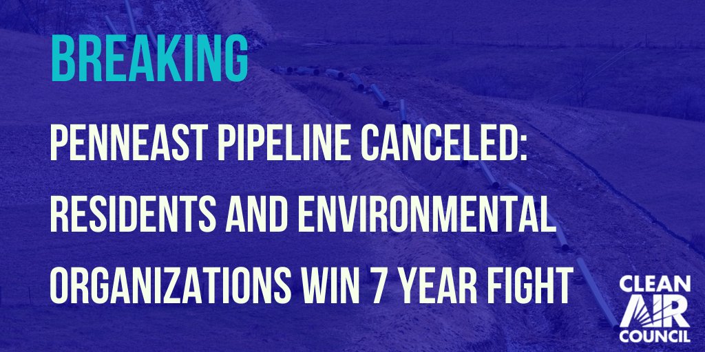 CleanAirCouncil's tweet image. VICTORY: PennEast pipeline is canceled. 

"PennEast’s cancelation of this unneeded, dangerous fracked gas pipeline is a momentous win for the communities that have fought hard for years to defend their property and the environment." @headbreather 
cleanair.org/penneast-cance…
