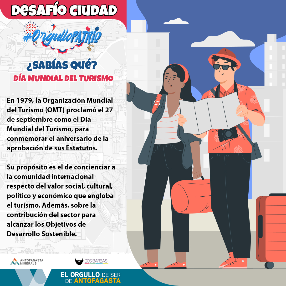 DesafioCiudadCL's tweet photo. 📌 #SabíasQué 🤔
#DíaMundialdelTurismo 🌎 ✈️

¿Conocías la razón de este día? 🤔

🔸Recuerda interactuar con las publicaciones [❤️/💬] para ganar entretenidos premios 🎁

#OrgulloPatrio 🇨🇱

#DesafíoCiudad #OrgulloAntofagasta
#Aminerals #DosBarbas https://t.co/eSWBtvZlMz