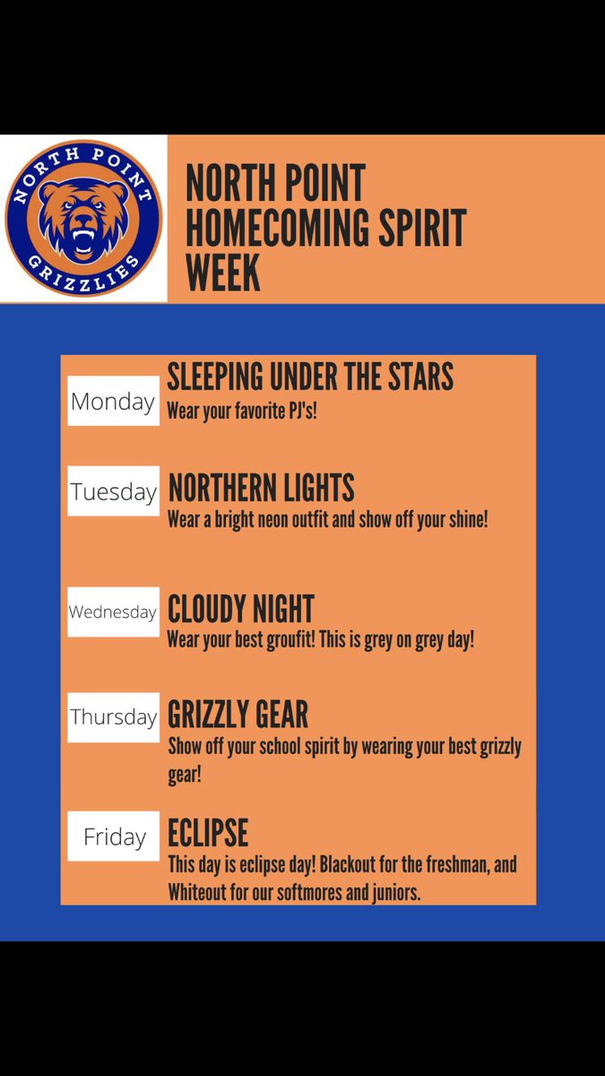 NPGrizzlyStuco's tweet photo. Next week is homecoming and that means Spirit Week! Get ready to show your Grizzly spirit and go all out! Can’t wait to see what you come up with! https://t.co/rlBNDROe0T