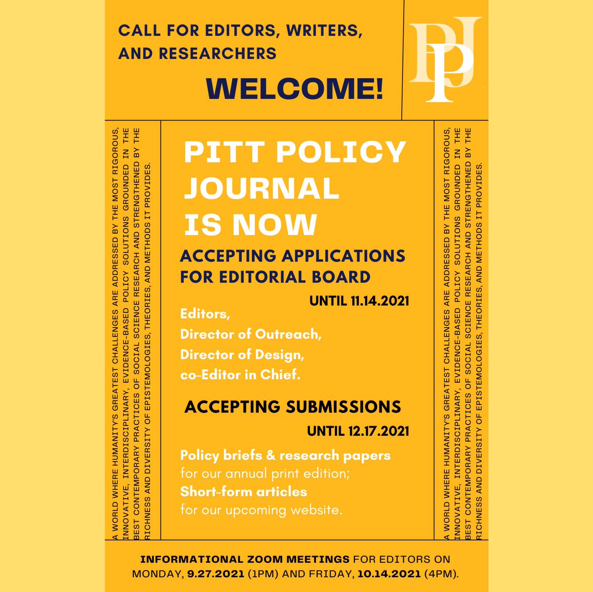 PittPolicy's tweet image. TODAY! 1PM! 
PPJ will be having its first info. meeting for prospective editor via Zoom.
Meeting ID: 984 1088 5669
Passcode: EDIT!