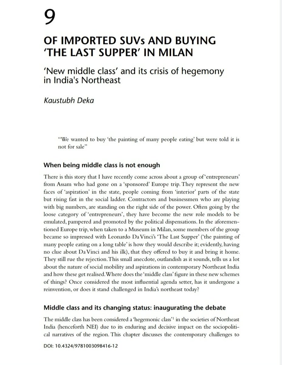kaustubhdeka's tweet photo. Chapter out in this exciting #Routledge volume where I discuss why episodes like #Assamese 'entrepreneurs' trying to buy #DaVinci 's 'Last Supper' in Milan tells us about the new configuration of politics in the region. #newmiddleclass
Link for pre order :
https://t.co/h9fP2nPs61 https://t.co/OzOtyr22Ga