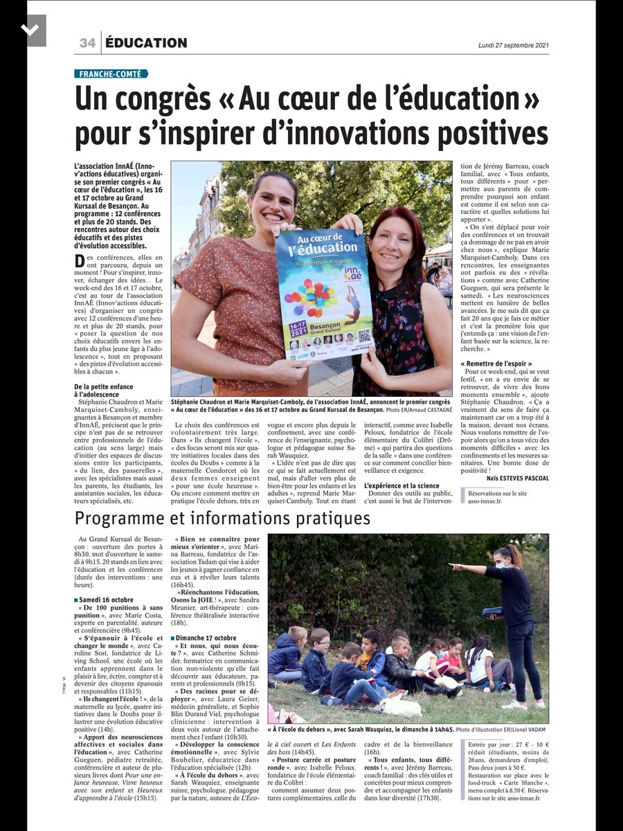 Un bien bel article aujourd’hui dans l’Est républicain ! asso-innae.fr #aucoeurdeleducation #congres #besançon @GRAINE_BFC <a href="/DuchanoisG/">DUCHANOIS Gwladys</a> <a href="/costamarie20/">Costa Marie</a> <a href="/cafepedagogique/">Le café pédagogique</a> <a href="/CrapBFC/">Crap Bourgogne Franche Comté</a>