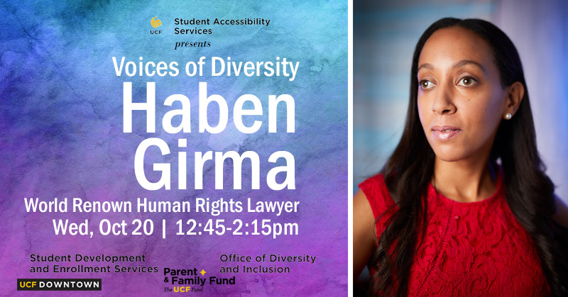 Join <a href="/sas_ucf/">UCF Accessibility</a> for “Voices of Diversity,” during Diversity Week, on Wednesday, October 20 from 12:45–2:15 PM. World-renowned human rights lawyer <a href="/HabenGirma/">Haben Girma👩🏿‍🦯</a> will join us virtually to address this year’s theme of “changing the narrative.”

Learn more sas.sdes.ucf.edu/celebrating-di…