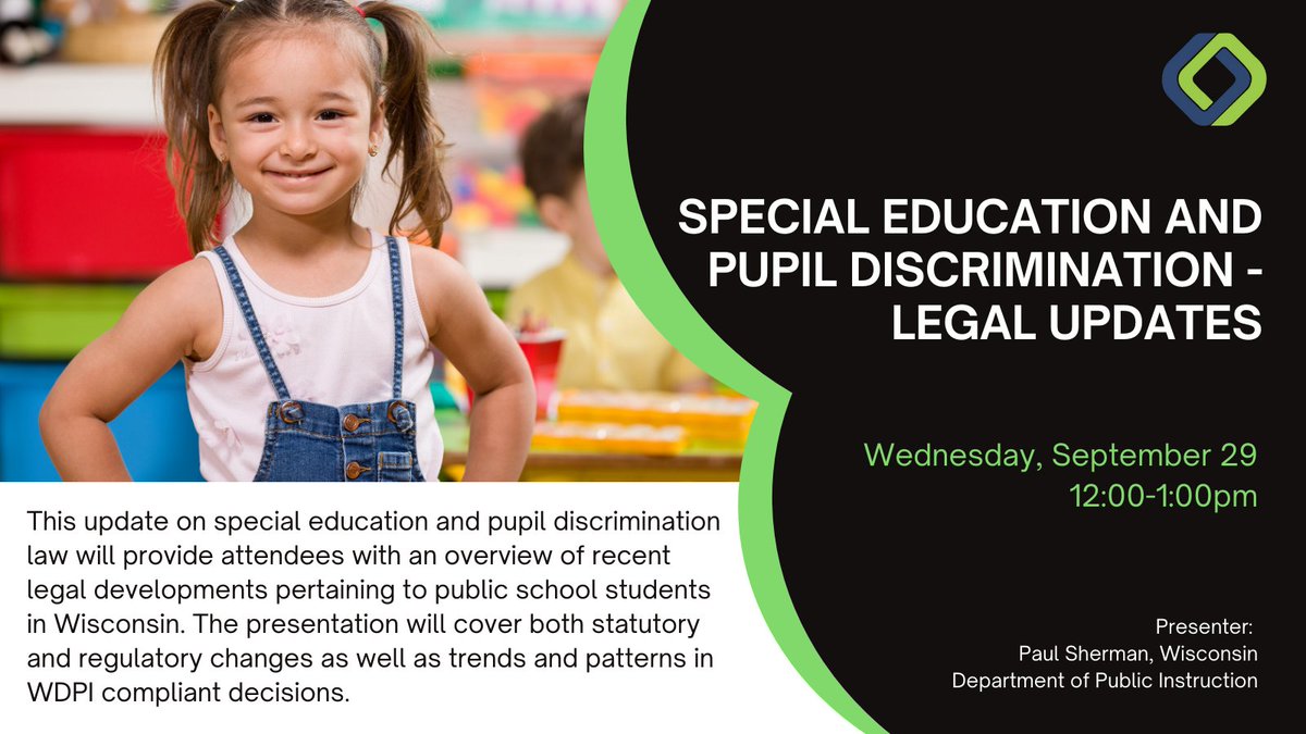 wifacets's tweet photo. WEBINAR WEDNESDAY: Please join us for a free webinar where we will discuss the available dispute resolution options related to special education and pupil nondiscrimination law.
Wednesday, September 29 | 12:00-1:00pm
REGISTER NOW: https://t.co/AWeKfaAzSl https://t.co/6LjiLnRt5v