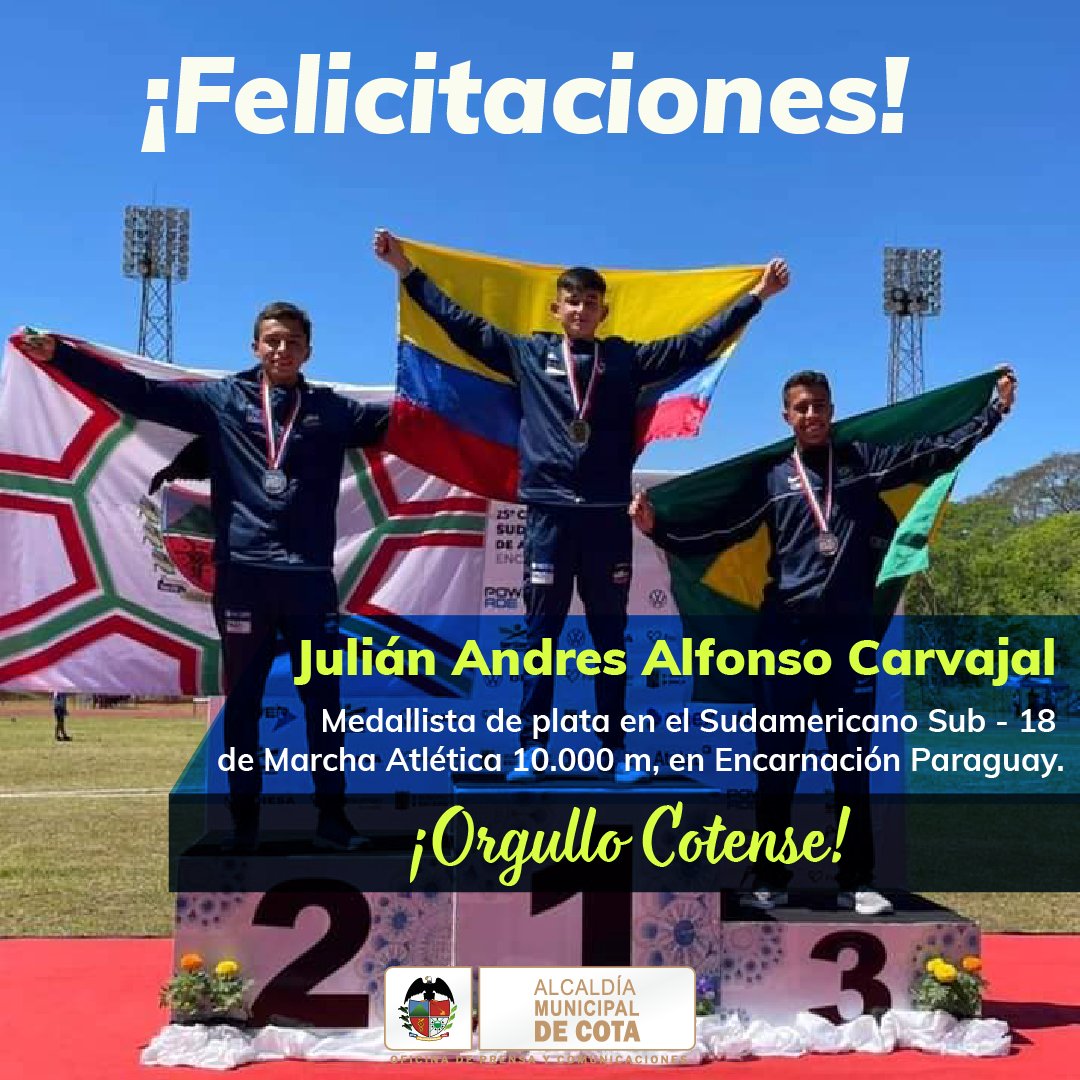 AlcaldiaCota's tweet photo. #OrgulloCotense
Hoy felicitamos a nuestro deportista cotense Julián Alfonso Carvajal, quien se coronó sub-campeón en el Sudamericano de Marcha Atlética que se realizó en Encarnación, Paraguay, demostrado los resultados del esfuerzo, compromiso y dedicación con el deporte. https://t.co/KLEy9L1DZR