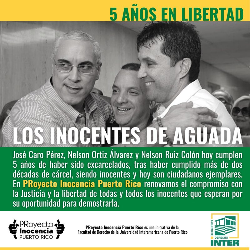 5 AÑOS EN LIBERTAD | Hoy cumplen 5 años de haber sido excarcelados, tras haber cumplido más de 2 décadas de cárcel. En PRoyecto Inocencia Puerto Rico renovamos el compromiso con la Justicia y la Libertad de todas/os los inocentes que esperan por su oportunidad para demostrarla.
