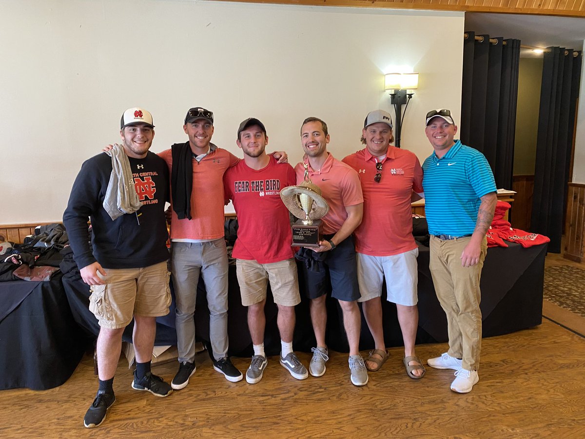NCCwrestling's tweet photo. Congrats to the 26th Annual Craig E. Fischer Memorial Golf Outing championship foursome of Nick DeVine, Stuart Roderick, Spencer Roderick and James Houchins. Caddied by Robby Bates and Joey Jens. #FearTheBird #FischerMemorial https://t.co/idtuYlaHc7