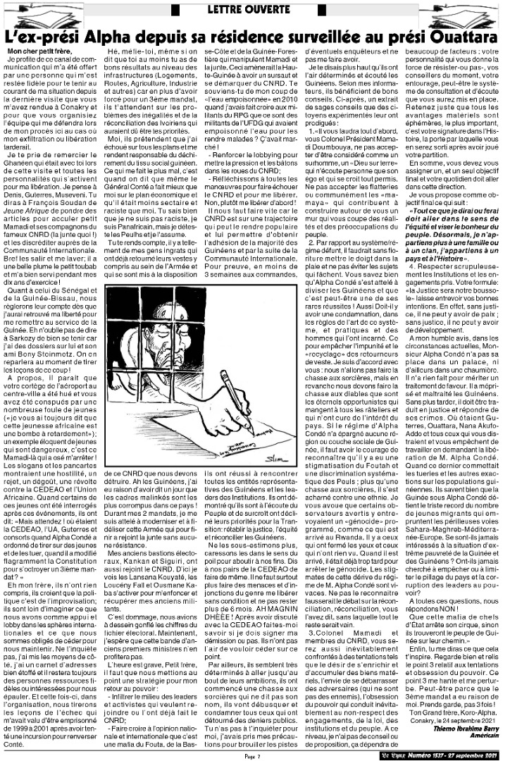 Lettre de l'ex président d'Alpha Condé au president Alassane Outtara, part Thierno Ibrahima Barry Amercain