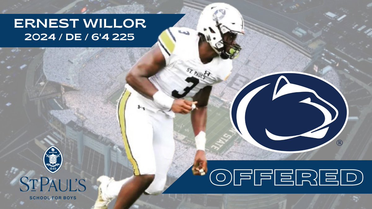 Congratulations to <a href="/StPaulsFB/">St. Paul's Football</a> @ernestwillor on his offer from <a href="/PennStateFball/">Penn State Football</a> <a href="/Coachpoindexter/">Anthony Poindexter</a> <a href="/knnysndrs/">Kenny Sanders</a> #WeAre