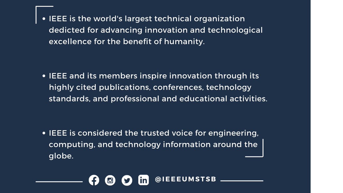 Ieeeumstsb's tweet photo. Haven't you really wondered about IEEE?

Today we'd like to elucidate what it really is.
IEEE stands for the Institute of Electrical and Electronics Engineers which also contains several societies within.

#ieeeregion8 
#ieeeafrica 
#ieeeumst https://t.co/6MQQYbxowR