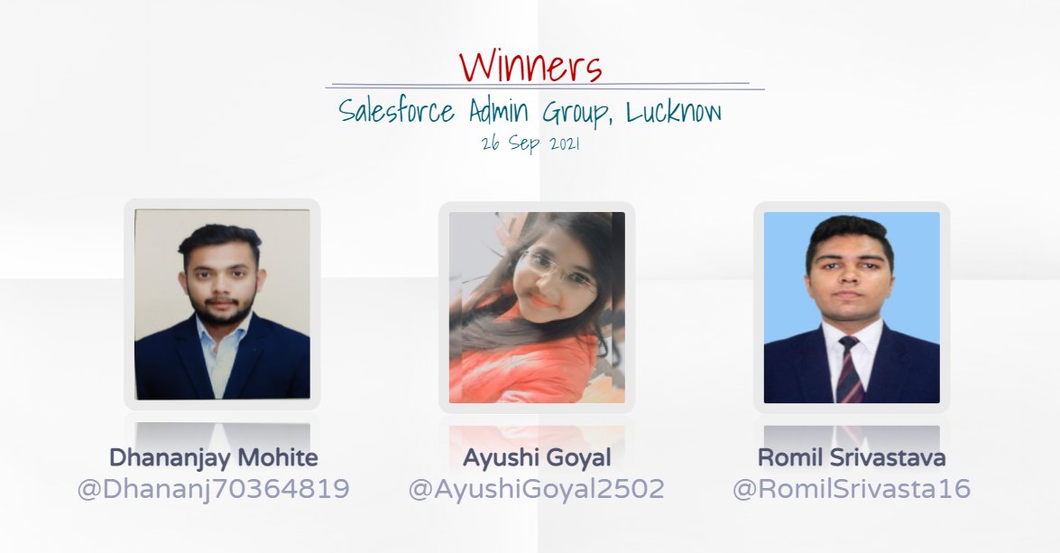 Lucknow Trailblazer Community (@lucknowsfgroup) on Twitter photo Congratulations!!!!!🎇🎆🎇🎆Winner for 26 Sep Salesforce Admin group,Lucknow are👇
@Dhananj70364819
<a href="/AyushiGoyal2502/">Ayushi Goyal</a>
<a href="/RomilSrivasta16/">whoisromil</a>
Thank you to everyone who took part in the Event
<a href="/salesforce/">Salesforce</a> <a href="/trailhead/">Trailhead</a> #Trailblazer #Trailblazercommunity <a href="/faisalsiddiki21/">Faisal</a> <a href="/vivekgupta_/">Vivek Gupta</a> Congratulations!!!!!🎇🎆🎇🎆Winner for 26 Sep Salesforce Admin group,Lucknow are👇
@Dhananj70364819
<a href="/AyushiGoyal2502/">Ayushi Goyal</a>
<a href="/RomilSrivasta16/">whoisromil</a>
Thank you to everyone who took part in the Event
<a href="/salesforce/">Salesforce</a> <a href="/trailhead/">Trailhead</a> #Trailblazer #Trailblazercommunity <a href="/faisalsiddiki21/">Faisal</a> <a href="/vivekgupta_/">Vivek Gupta</a>