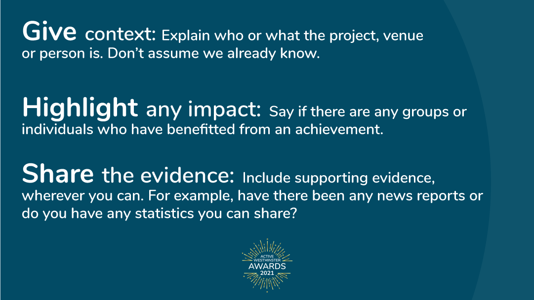ActiveWCC's tweet photo. How do you write a stand-out nomination for this year's ActiveWestminster Awards?
Here are our top tips to help ensure your nomination speaks out to the judges scoring each nomination.
Nominate online now: https://t.co/sVdnfKPRuj
@CityWestminster
@WCCLibraries
#ActiveAwards https://t.co/6GobG2y06S