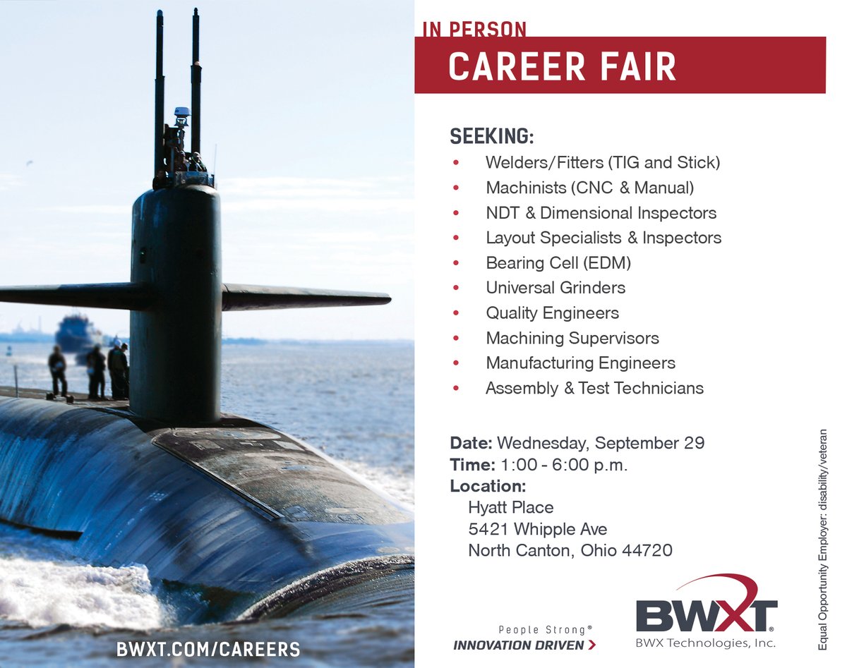 BWXT's tweet photo. Searching for a career move? Join us at our in-person career fair this Wednesday, Sept. 29 at the Hyatt Place in North Canton, Ohio – we’re hiring for welders, machinists, and more. Check out our entire listings here: https://t.co/FexC5xmZ2c https://t.co/kMl1aa0YEk