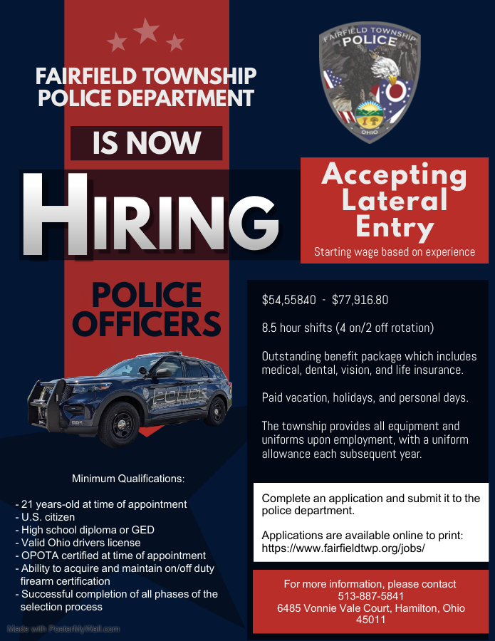 Now accepting Lateral Entry Officers
NOTE - You must complete an application and submit it to the police department.  See flyer for additional details.