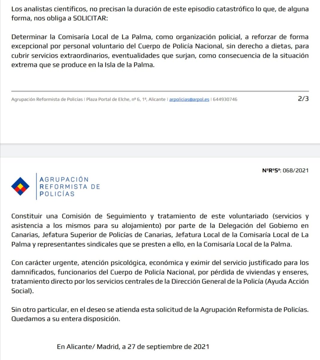 ARPolicias's tweet photo. Ante la catástrofe natural de #LaPalma, @ARPolicias solicita a @interiorgob:
-Reforzar su Comisaría Local por personal voluntario.
-Constituir una Comisión de Seguimiento de este voluntariado.
-Atención para los damnificados de la @policia en la isla.
#ARPpropone https://t.co/wG7YsF7mRE