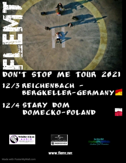 #FLEMT: EUROPE DATES
Don’t Stop Me Tour 2021
#FLEMT will be opening for #KeeMarcello (formerly guitarist with the band Europe) at Reicheubach in Bergkeller Germany on 12/3 &amp; at
 Stary Dom in Domecko, Poland on 12/4. 
#letsrock 
#SouthernGirlPromotions @whitelionaudio <a href="/Ingrooves/">Ingrooves</a>