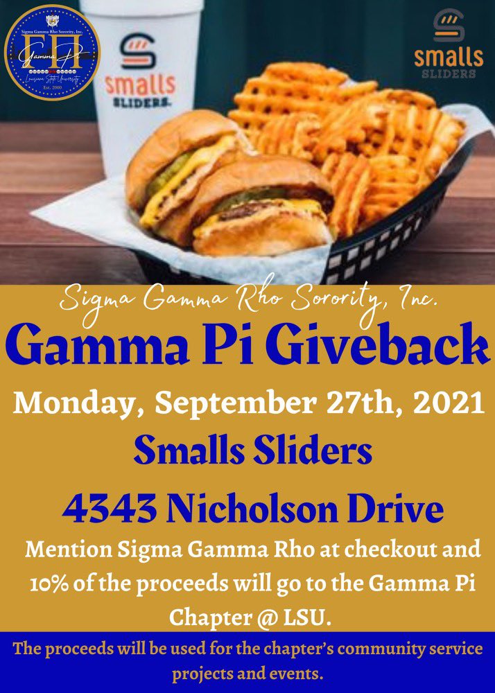 LSU_SGRhos's tweet photo. As the saying goes, “slide on through” and support the Gamma Pi Chapter of Sigma Gamma Rho Sorority, Inc! Today from 10:30 AM to Midnight! 🍔

#batonrouge #lsu25 #lsu24 #sgrho1922 
#lsu23 #lsu22 #lsu21 #sgrho https://t.co/oC8L55axdx