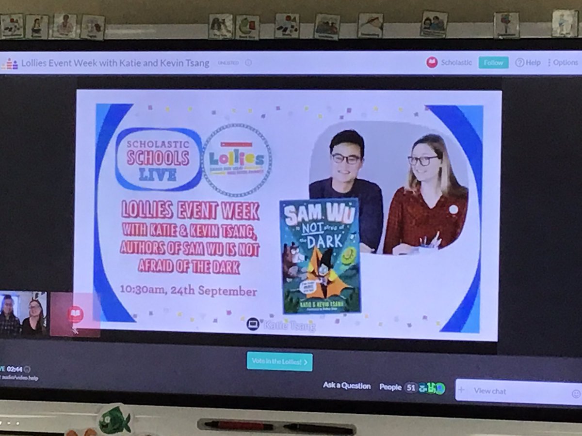 yr3melthamce's tweet photo. Our new class novel is ‘Sam Wu is NOT Afraid of the DARK’ by @kwebberwrites and Kevin Tsang. We learnt about how they plan and write their books together in the @scholasticuk #lollies2022 event on Friday. We are very happy to be part of the #lolcrew 😀📚#melthamenglish https://t.co/P4fJF7scut