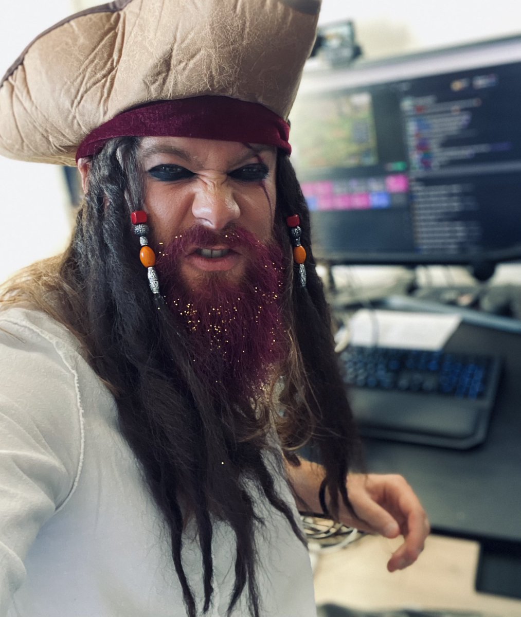 DannehTV's tweet photo. New World subathon started…. Horrible things eaten, dressed as pirate, beard just got pink… @playnewworld we are ready for tomorrow!! #PlayNewWorld #PinkPirate https://t.co/2VCW8bPRfj