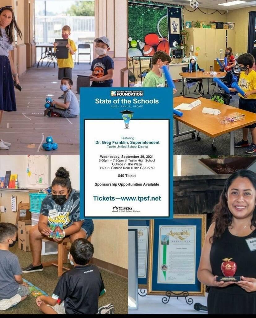 Tustin Public Schools Foundation is hosting the Annual State of the Schools. This year the event will be held on the evening of Wednesday, September 29, at 6 p.m. The event will be held at Tustin High School and will be outdoors and in-person. Please join us for an informati…