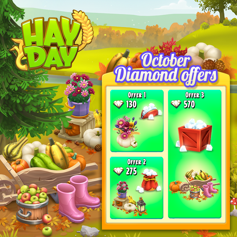 hayday's tweet photo. We have added new time-limited diamond packages to the shop! π€© Each one come with a special exclusive decoration!! What better opportunity than now to stock up on diamonds! But be quick, these packages are only available for a short amount of time! β° #HayDay #DiamondPacks https://t.co/Lg2gMHKK2k